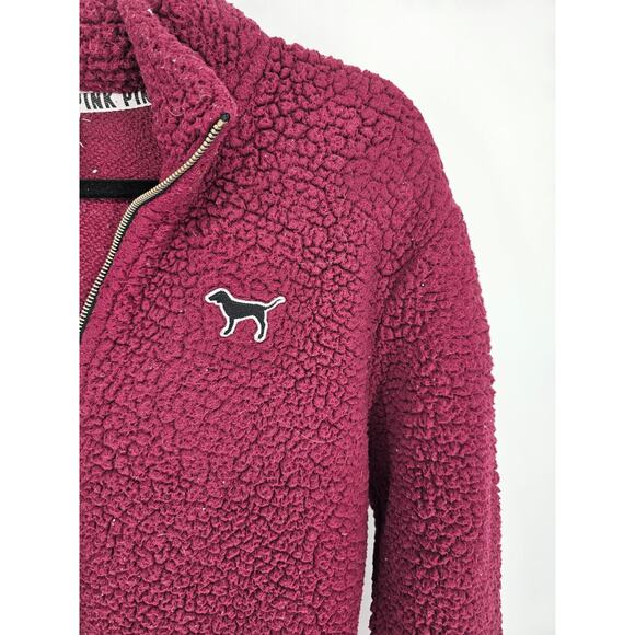 Pink by Victorias Secret Womens S 1/2 Zip Fleece Pullover Jacket Sherpa Burgundy - Picture 2 of 5